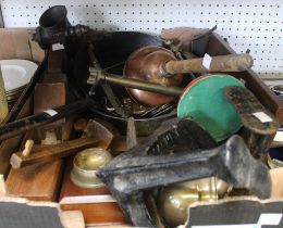 A box containing a selection of vintage wooden and metal wares including shoe lasts, plane etc