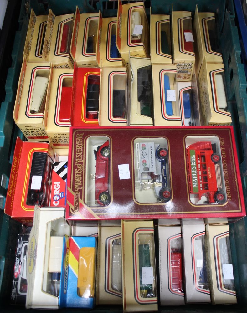 A tray containing an extensive collection of boxed diecast model vehicles approximately 56