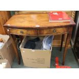 A reproduction mahogany two drawer bow front side table