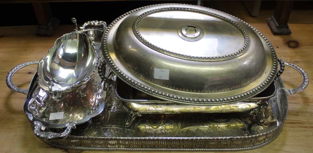 A silver plated two handled tea tray, a small serving tray, a bon-bon dish, entre dish and rectagula