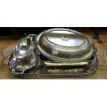 A silver plated two handled tea tray, a small serving tray, a bon-bon dish, entre dish and rectagula