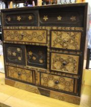 A small desktop Japanese cabinet, comprising five drawers & two cupboard, marquetry inlay, 45cm x 45