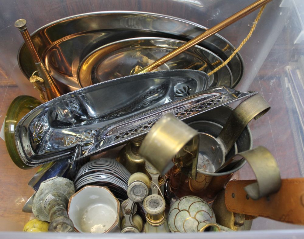 A box containing a good selection of copper and brass wares, two opera glasses, plated items etc