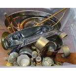 A box containing a good selection of copper and brass wares, two opera glasses, plated items etc