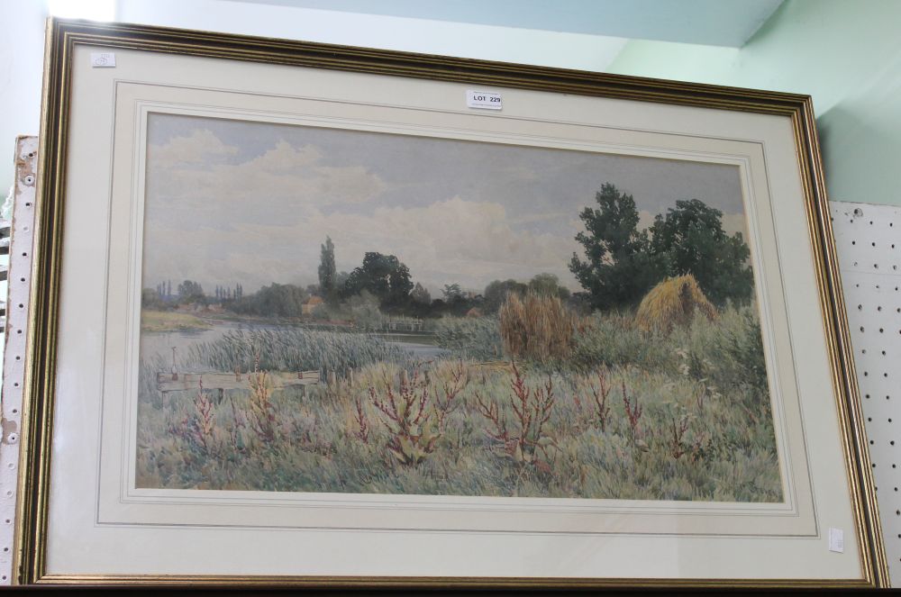 Albert Stevens, "River seen with gathered reeds", watercolour painting, signed, 38cm x 64cm, gilt fr