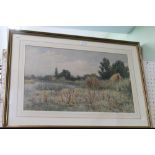 Albert Stevens, "River seen with gathered reeds", watercolour painting, signed, 38cm x 64cm, gilt fr