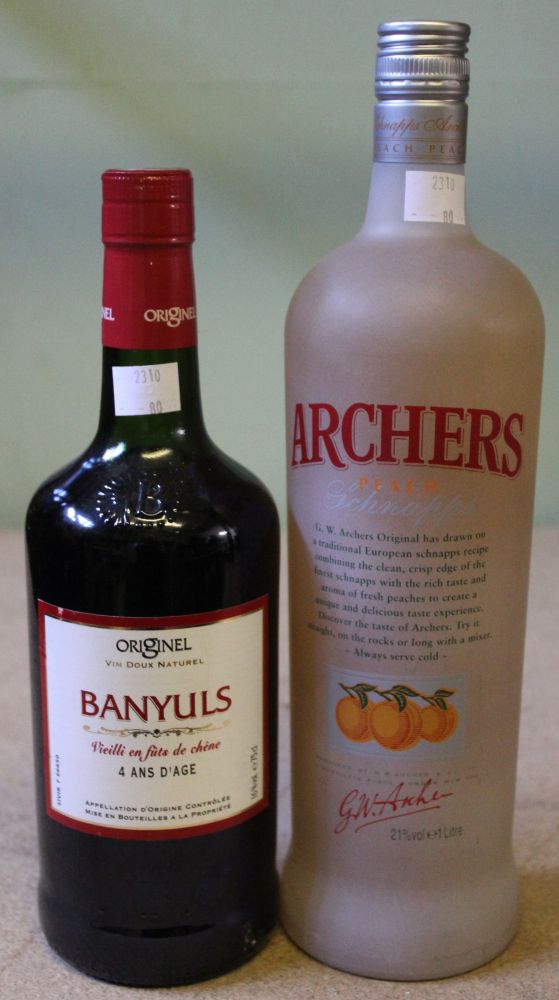 Banyuls Original 4 year old, 1 bottle Archers Peach Schnapps, 1 ltr bottle