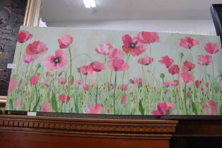 Claire Henley, "Pink Poppies" acrylic painting on canvas, signed, 40cm x 101cm, unframed