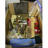 A box containing a good selection of vintage & military collectables, including 1914 Mary tin, a tre