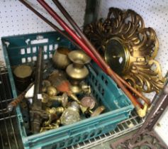 A tray containing a selection of brass wares, military bayonet, walking sticks and a gilt barometer