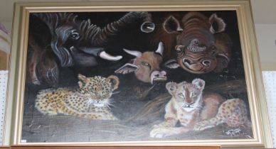 David Plessis, "African Animals" oil painting on canvas, signed and dated 2002, 75cm x 100cm, framed