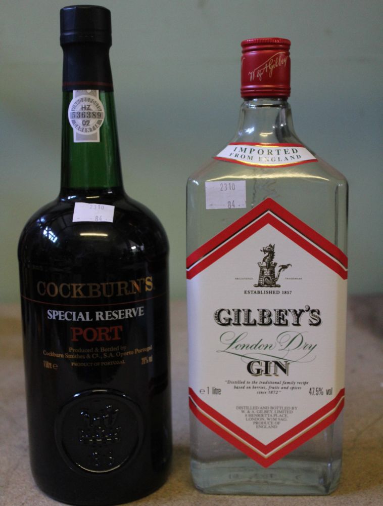 Cockburns Special Reserve Port, 1 bottle Gilby's Gin, 1 ltr bottle