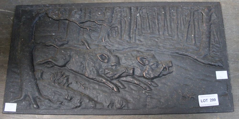 A 20th century cast iron panel, depicts running Boar in a forest, possibly German 23cm x 45cm - Image 2 of 3