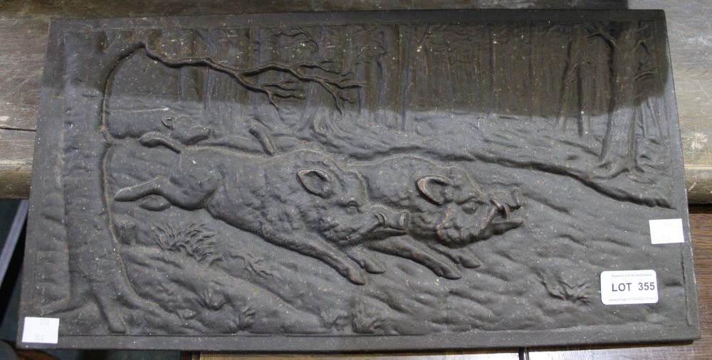 A 20th century cast iron panel, depicts running Boar in a forest, possibly German 23cm x 45cm - Image 3 of 3