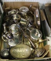 A box containing a wide selection of silver plated items to include candelabra etc