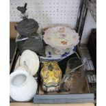 A box of plated cutlery, glassware, ceramics, a Kaisar vase, some Nursery china, a Chinese design ta