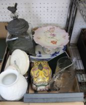 A box of plated cutlery, glassware, ceramics, a Kaisar vase, some Nursery china, a Chinese design ta