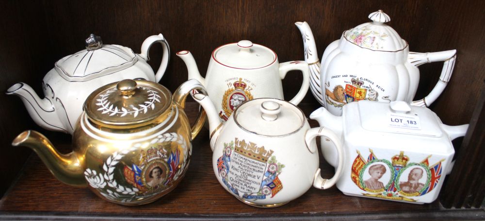 A collection of six ceramic Royalty related teapots, includes one for the Sixty years reign of Queen