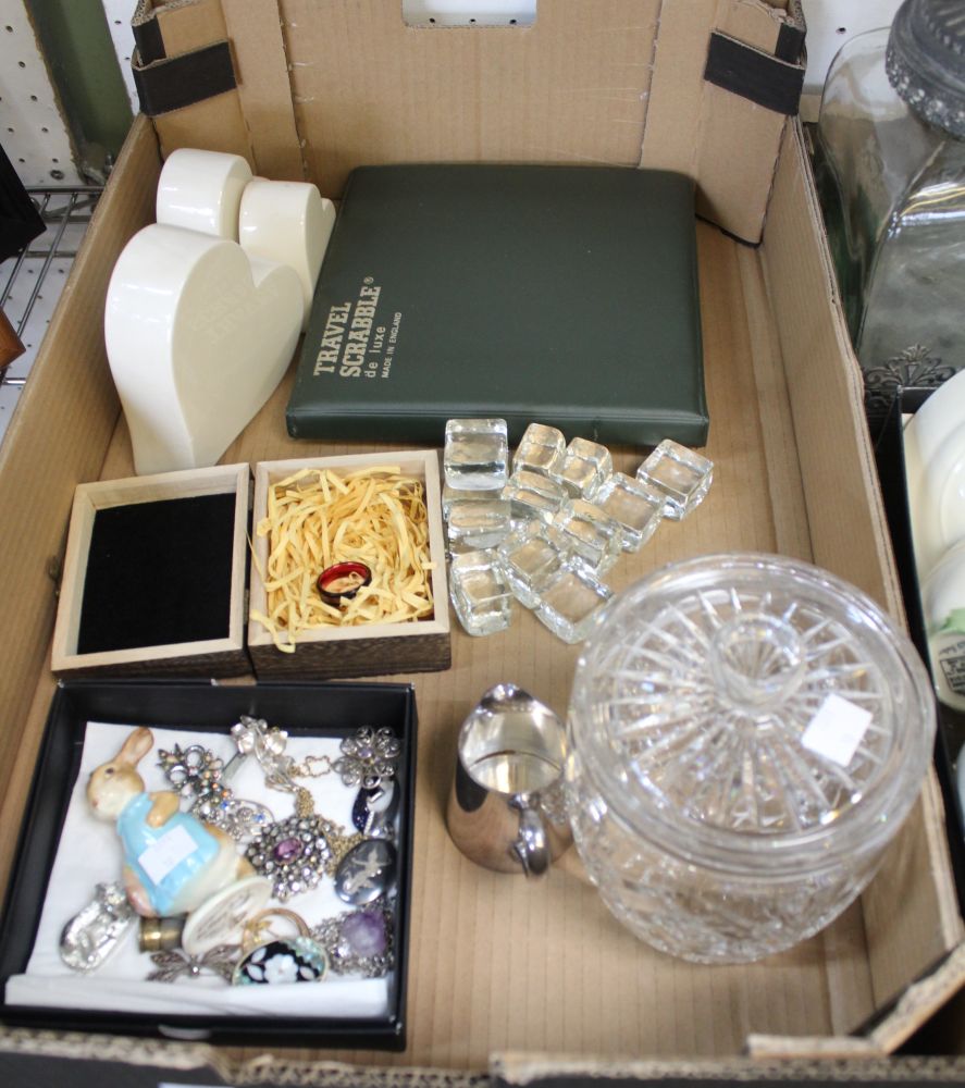 A quantity of assorted items, includes costume jewellery, cut glass biscuit barrel, Beswick Beatrix