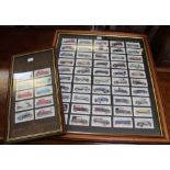 Two framed and glazed collections of cigarette cards depicting vintage vehicles