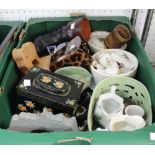 A tray containing a collection of vintage china, including Goss crested examples etc