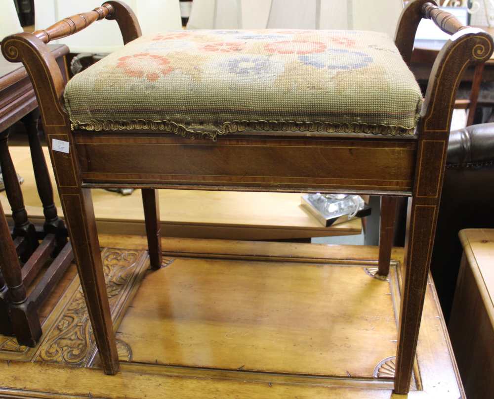 An Edwardian inlaid mahogany piano stool with lift up tapestry upholstered lid - Image 2 of 2