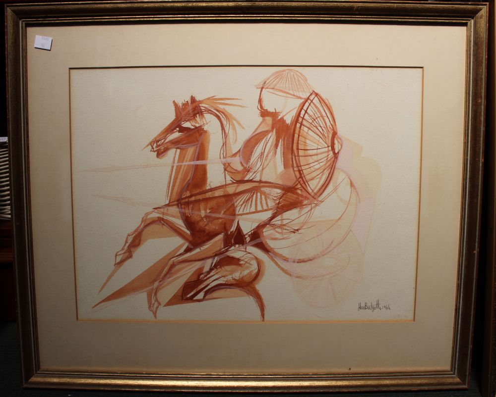 John Budgell, "Horse Warrior" sepia watercolour drawing signed and dated 1966, 35cm x 48cm, gilt fra - Image 3 of 3