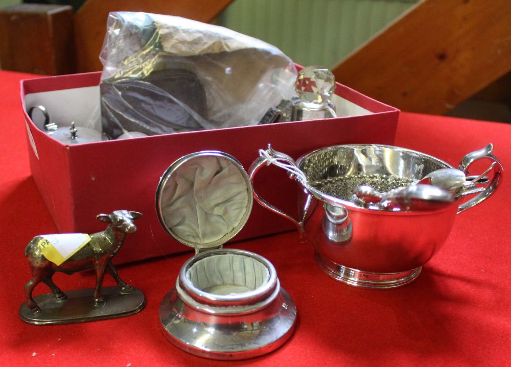 A silver inkwell, etc