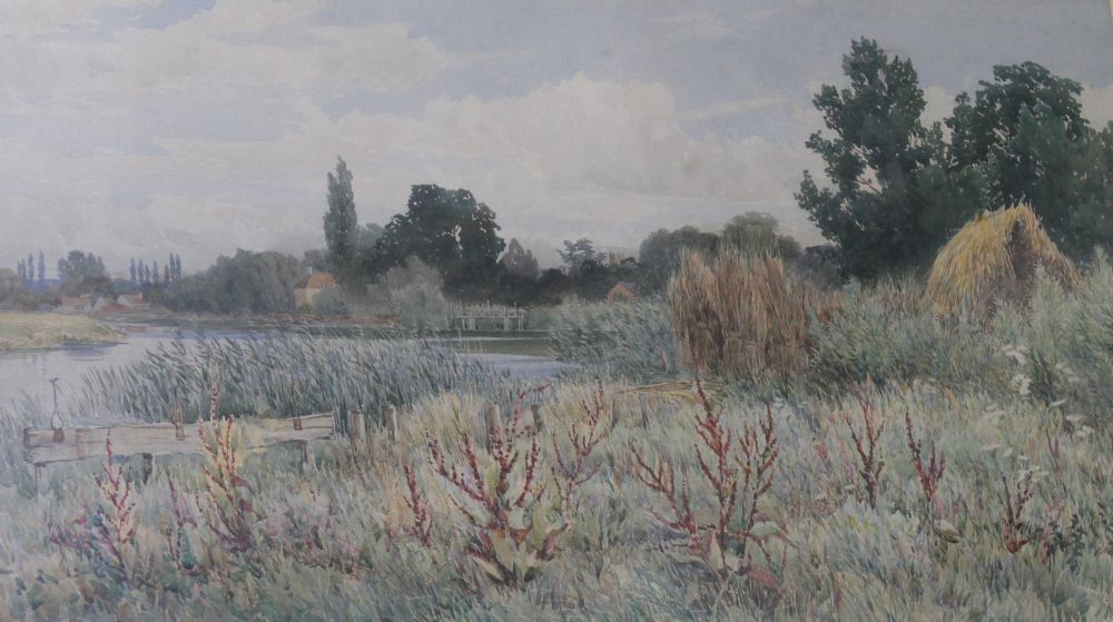 Albert Stevens, "River seen with gathered reeds", watercolour painting, signed, 38cm x 64cm, gilt fr - Image 2 of 2