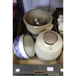 A box containing two stone ware containers, a porcelain pot etc