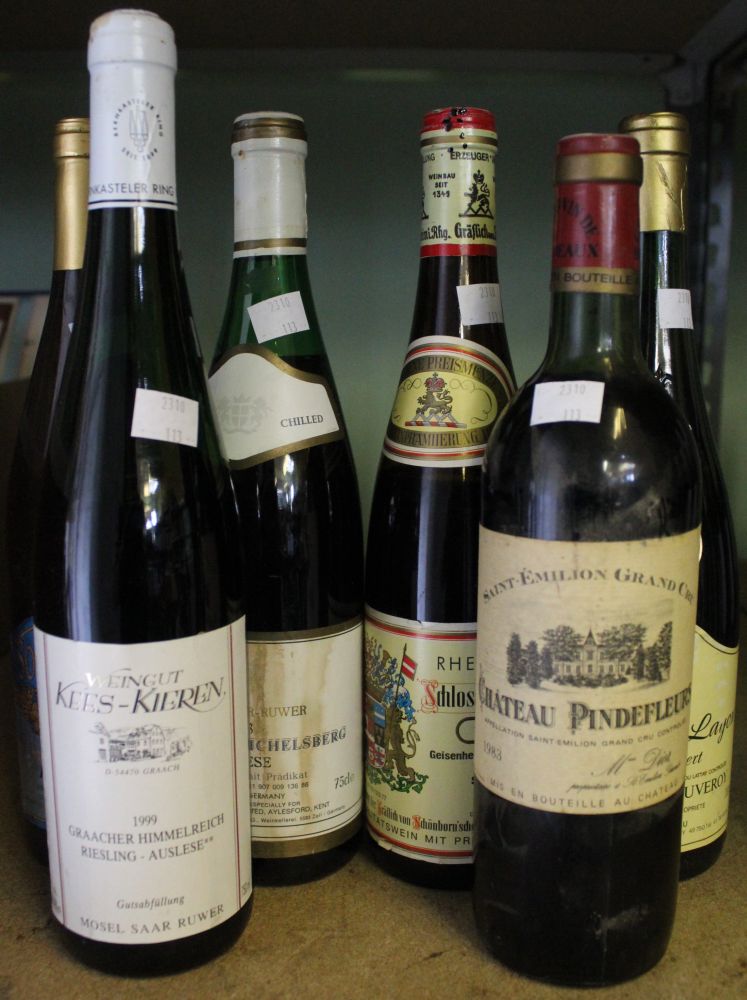 A bottle of Coteaux du Layon 1988, a Chateau Pindefleurs 1983 plus four other assorted bottles