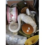 A box containing a good selection of useful and collectible ceramics, swans, storage jars etc