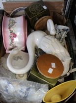 A box containing a good selection of useful and collectible ceramics, swans, storage jars etc