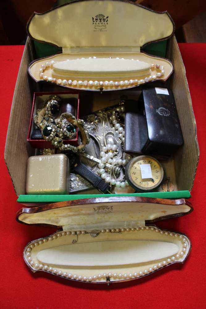 A selection of costume jewellery, silver frame, etc