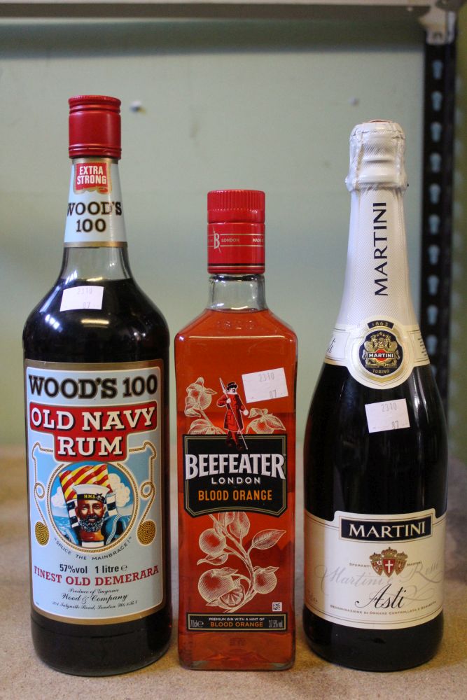 Woods 100 Old Navy Rum, 1 ltr bottle Beefeater blood Orange Gin, 1 bottle Martini Asi, Rossi, 1 bott