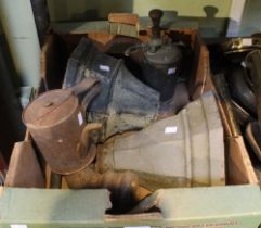 A box containing two cast iron guttering water hoppers, a brass garden spray etc