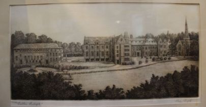 A dry point etching of Cotton College pencil signed Peter Page, glazed and framed