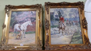 Two modern oil on boards, hunting scene and horse with hound in fancy gilt frames