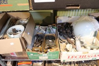 Three boxes containing a wide selection of vintage fixtures and fittings, hinges, door knobs taps et