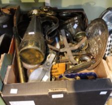 A box containing a quantity of brass wares, vintage scales etc