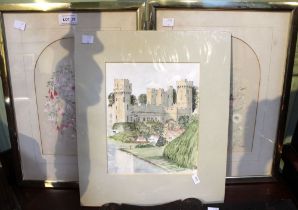 Four framed prints of flora and fauna with a mounted watercolour of Warwick Castle