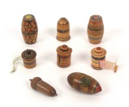 Seven various whitewood paint decorated Tunbridge ware sewing accessories, comprising two thimble