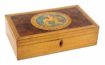 A whitewood medallion decorated and inlaid Tunbridge ware rectangular playing card box, the sides