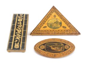 Three whitewood Tunbridge ware cribbage boards, comprising a pointed oval example depicting a cave