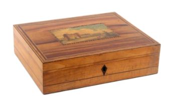 A print decorated and inlaid whitewood Tunbridge ware rectangular box, the sides with simple line