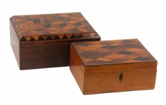 Two Tunbridge ware boxes, comprising a rosewood example of sarcophagol form, the lid with a panel of