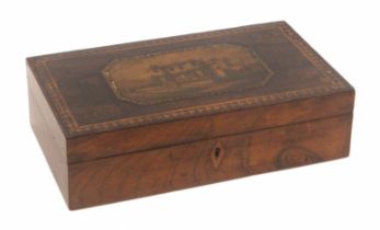 A print decorated and inlaid rosewood Tunbridge ware rectangular box, diamond boxwood escutcheon,