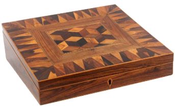 A rosewood Tunbridge ware writing box, the plain sides below a sloping lid centred by a panel of