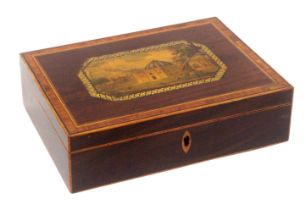 A print decorated and inlaid rosewood Tunbridge ware rectangular box, pointed oval boxwood