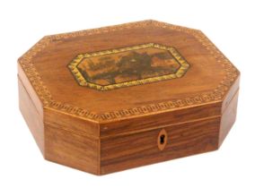 A print decorated and inlaid mahogany Tunbridge ware playing card box of octagonal form, George